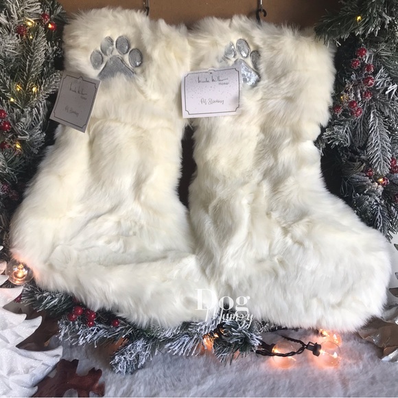 Nicole Miller Faux Fur Silver Sequin Dog Paw Pet Stocking - Picture 5 of 5